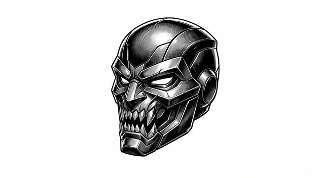Futuristic villain mask isolated on white background, featuring intimidating sci-fi aesthetics and dramatic antagonist design.