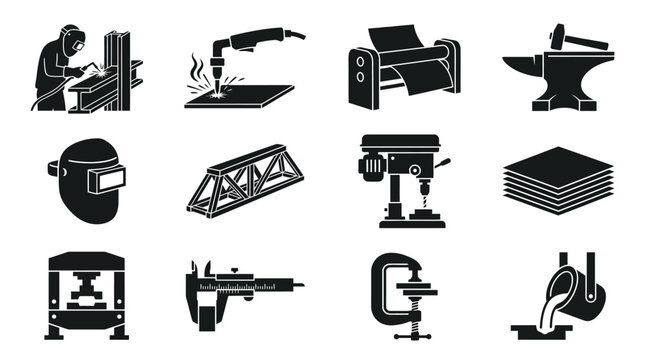 Silhouette vector icon set featuring structural steel fabrication tools  plasma cutter  steel roller machine  heavy anvil  welding mask  steel truss frame  industrial drill press  metal sheet stack  h