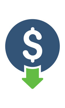Clean minimal dollar currency symbol with a downward arrow on white, financial decrease concept