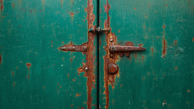 Close-up of old rusty green metal door