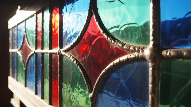 Vibrant vintage stained glass window with ruby red, sapphire blue and emerald green geometric patterns