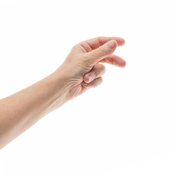 Empty mid aged woman hand to hold something with fingers isolated on white