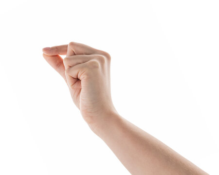 Female hand to hold something with fingers isolated on white