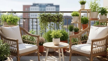 Fototapeta premium Modern rooftop terrace with rattan furniture and city view in daylight