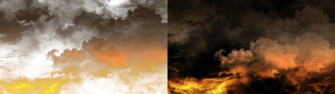 Transparent background featuring realistic golden fire clouds and dramatic smoke textures. This cinematic atmospheric overlay is ideal for creative sky designs and mystical visual effects.
