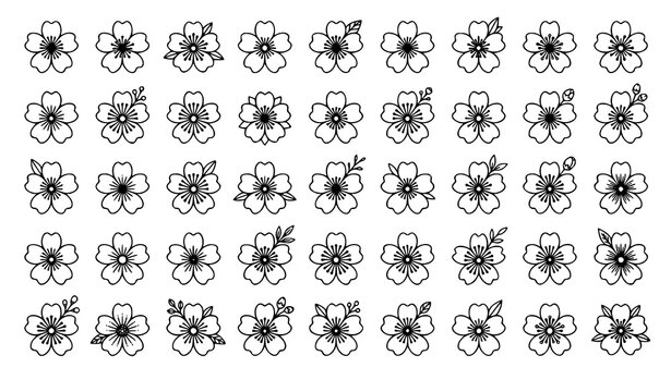 Set of 38 Hand Drawn Sakura Flower Black Outline Vector Illustrations in Cute Decorative Styles