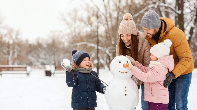 Happy family building snowman in snowy winter park outdoor leisure activity joyful bonding
