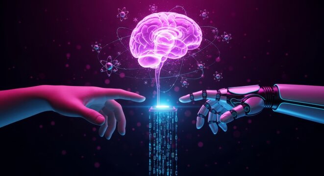 AI Artificial Intelligence Cyber Brain Neon Digital Network Human Robot Hand Touch Technology Concept