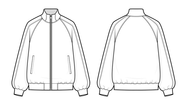 Oversized Raglan Sleeve Track Jacket Technical Fashion Illustration. Unisex Outerwear Vector Template. Front and Back View. Stand Collar. contrast sleeves details. CAD Mockup Set.