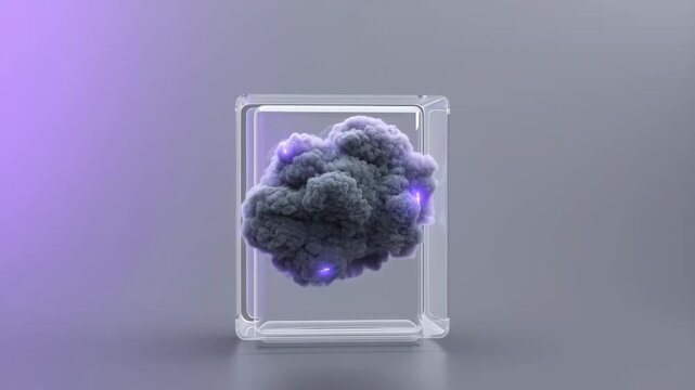 Abstract animation of a storm cloud with purple lightning in a glass cube