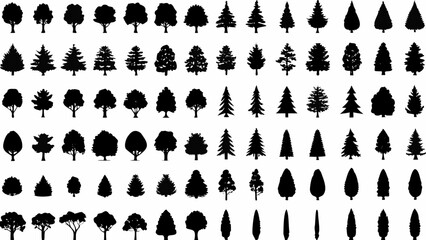 Collection of black and white tree silhouettes arranged in a grid on a white background © Tarun