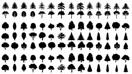 Collection of black and white tree and leaf silhouettes arranged in a grid pattern on a white background © Tarun