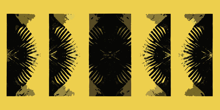 Abstract brushstroke composition with repeating black and gold patterns on a yellow background high quality