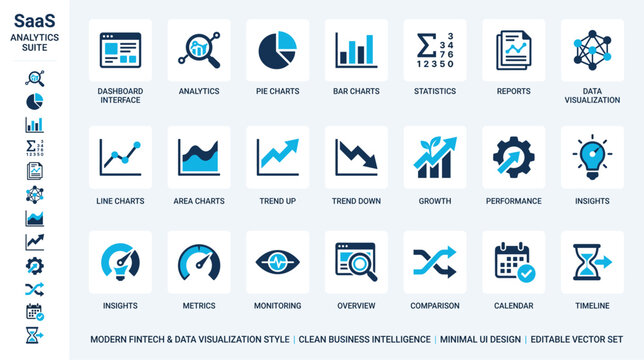 SaaS analytics suite icons in clean modern design for business intelligence and data visualization