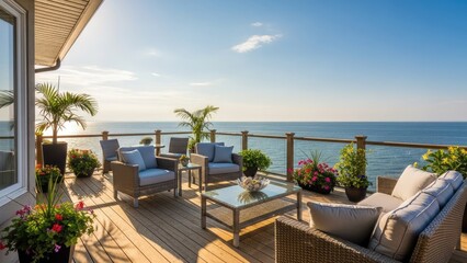 Fototapeta premium Modern rooftop terrace with ocean view and outdoor lounge furniture