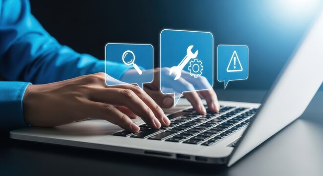 Person using laptop with icons for search, settings, and warning on screen display