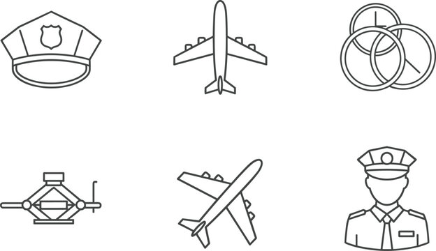 Aviation and Airport Logistics Line Icon Vector Set Featuring Pilot Airplane Time Zones and Scissor Jack Outline Symbols
