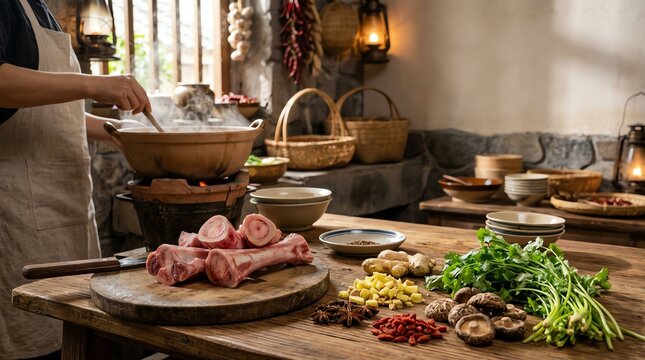 Person cooking traditional bone marrow soup in a rustic kitchen setting with fresh ingredients laid out on the wooden table