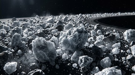 Cinematic depiction of an icy asteroid debris field floating in a planetary ring system with cold lighting, dark space background, and epic scientific concept for astronomy projects.
