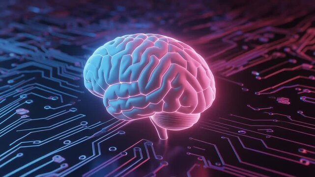 A glowing hexagonal brain with blue-pink gradient and circuit background, symbolizing artificial intelligence, neural networks, and digital cognition.