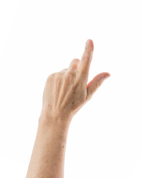 Mid aged woman hand touch screen gesture isolated on white background
