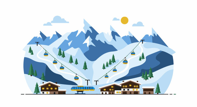 Mountain ski resort with cable cars and lodges under a sunny sky