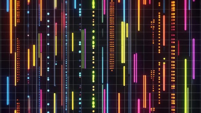 Abstract digital pattern with vertical colored streaks and grid dots, symbolizing data flow, technology, and modern information visualization.