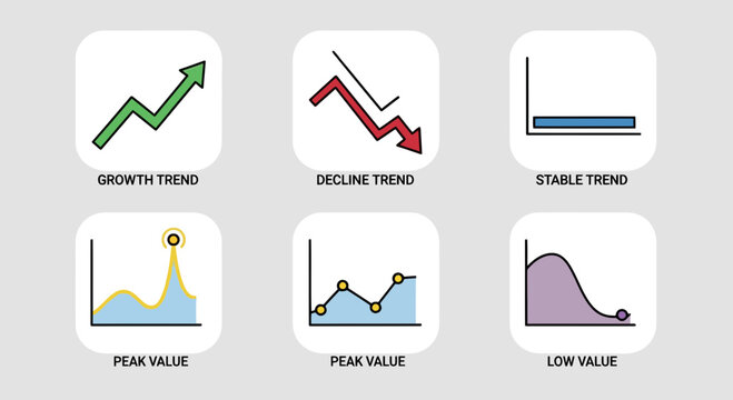 Data visualization trend icons featuring growth decline and stable patterns for business performance monitoring.