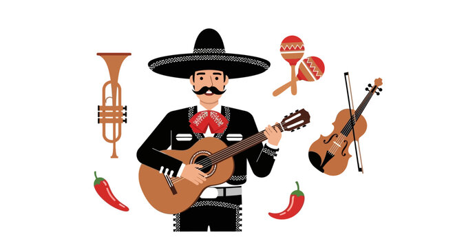 Mexican Mariachi Musician Playing Guitar with Traditional Instruments