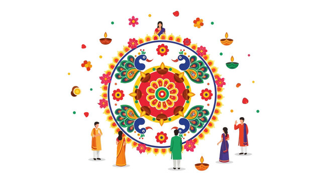 People Celebrating Diwali Festival with Rangoli Pattern and Peacock Motifs
