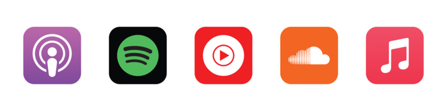 spotify apple music, apple podcast, youtube sound, cloud colorful audio app icon vector set. Popular Music Streaming App Logo Icon Set. vector illustration eps file.