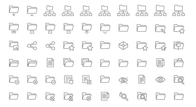 Set of outline folder icons with various actions like download, upload, sharing, search, delete and more.