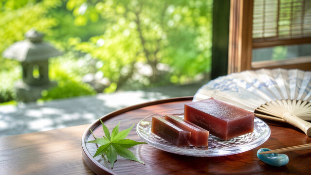 夏の縁側で味わう水ようかん 日本の涼しげな和菓子風景
