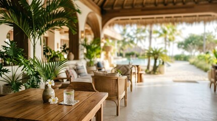 Obraz premium Relaxing tropical resort lounge area with comfortable seating and lush green palm trees, perfect for vacation or holiday ambiance