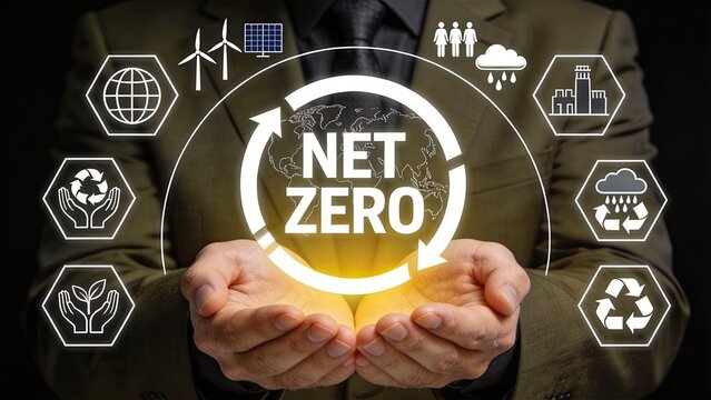 Businessman holding glowing net zero text with global earth map and recycling icons, environmental sustainability and climate change action concept featuring renewable energy wind