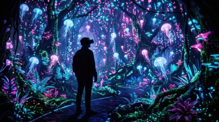 Fototapeta premium Person standing in magical bioluminescent forest