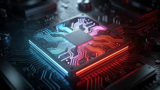 Futuristic glowing computer chip with vibrant blue and red neon circuits showcasing advanced technology innovation