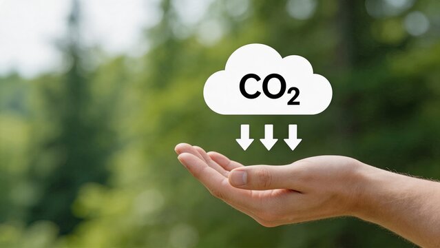 Environmental protection and climate change concept showing hand holding carbon dioxide cloud icon with downward arrows indicating emission reduction, sustainability, green energy