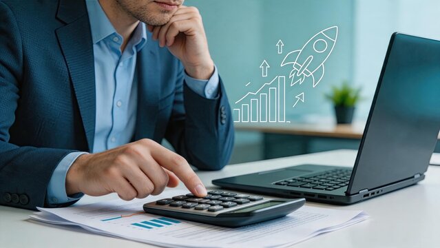 Financial analysis and accounting concept featuring businessman calculating budget with calculator, growth charts and rocket icon symbolizing rapid business expansion, investment