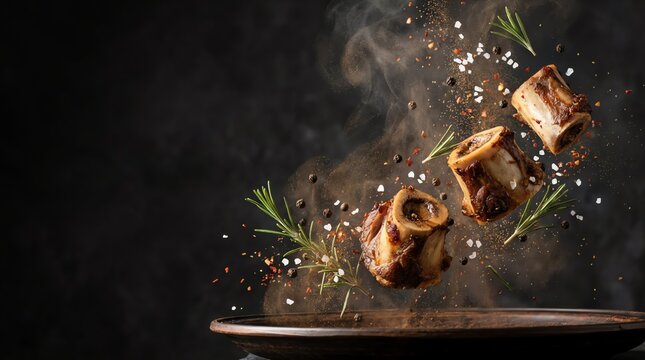 Roasted bone marrow pieces floating with fresh rosemary and aromatic spices in this dynamic and high quality professional food photograph
