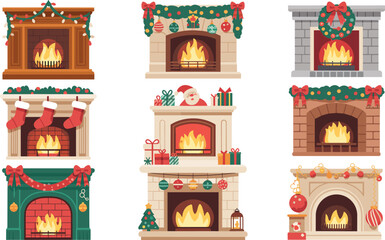 Naklejka premium Cozy Christmas Fireplace Vector Illustration Set with Burning Fire Stockings Garlands Santa Claus and Gift Boxes for Winter Holiday Greeting Card Designs