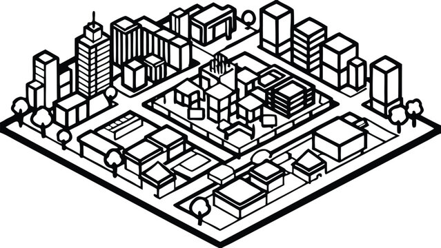 Detailed black and white of complex urban zoning map layout city planning infrastructure layout