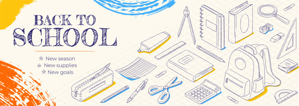 Hand drawn vector illustration of back to school banner with isometric stationery and school supplies. Education concept with academic items, copy space and modern layout.