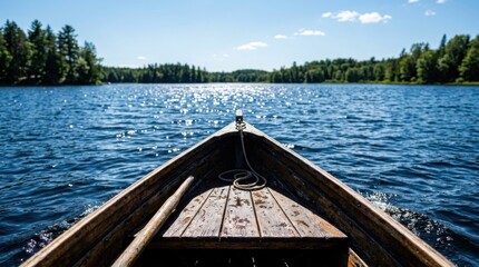 Obraz premium Wooden Boat on Peaceful Blue Lake