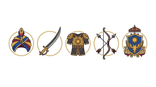 Rajput warrior accessories minimalist vector icon collection concept