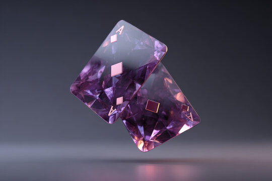 Two floating purple diamond playing cards with the Ace symbol displayed prominently, set against a dark gradient background highlighting their reflective surfaces