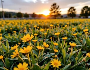 Fototapeta premium Golden Hour Meadow Vibrant Yellow Wildflowers