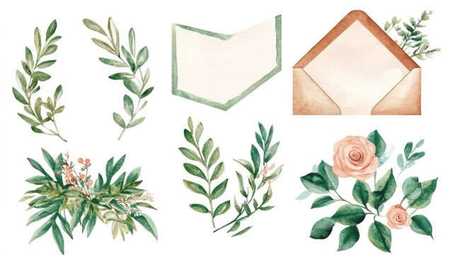 Watercolor floral elements, leaves, and an envelope with an open card. Perfect for wedding invitations, greeting cards, and stationery design.