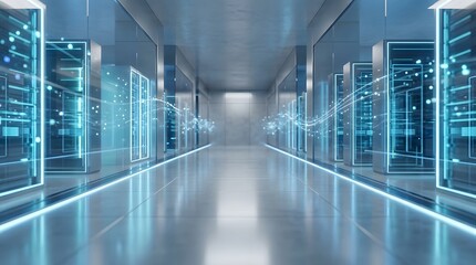 Fototapeta premium Futuristic high-tech data center with glowing server racks and dynamic digital information streams, symbolizing advanced cloud computing infrastructure and secure network solutions