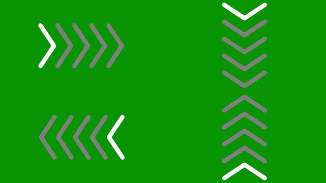 chevron arrows moving vertically up and down on bright green screen. 2D animated cartoon vertical motion graphics  for scroll comparison and energetic video elements. Chromakey ready seamless loop.